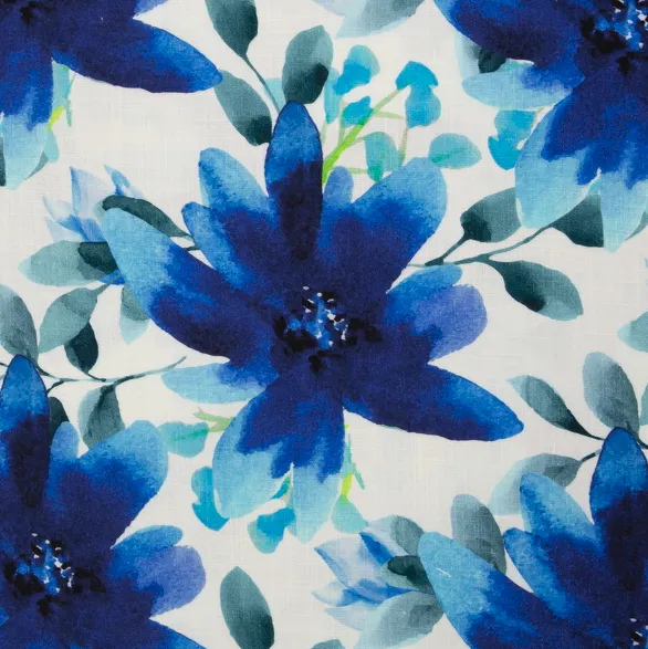 Katoen linnenlook wit met blauwe bloemen